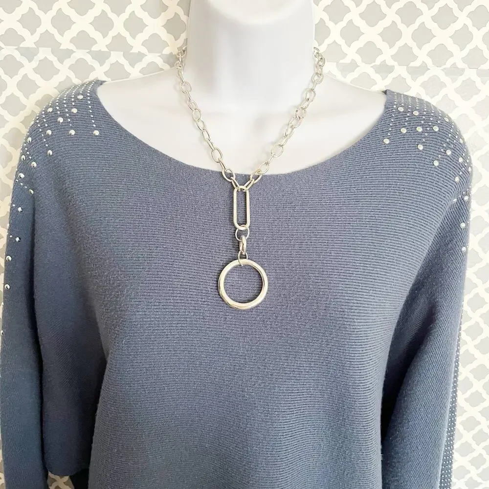 Milano Blue Dolman Sleeve Sweater with Sequins & Silver Studs, L
